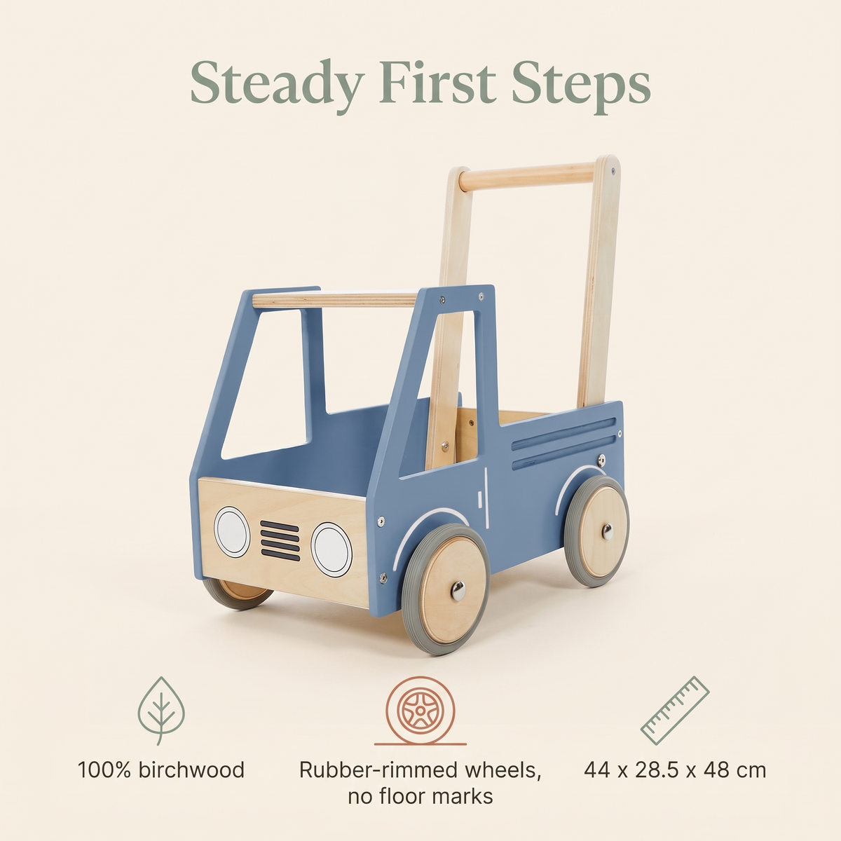 Wooden Push Truck Walker with Storage Box – Birchwood, Steel Blue