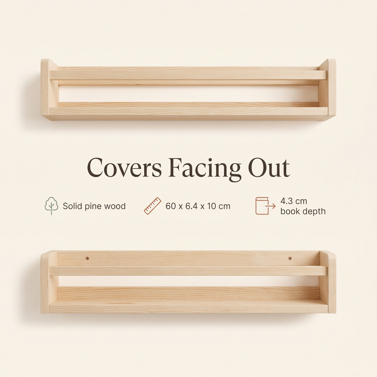 Wall-Mounted Front-Facing Book Rack with Flat Peg – Raw Pine