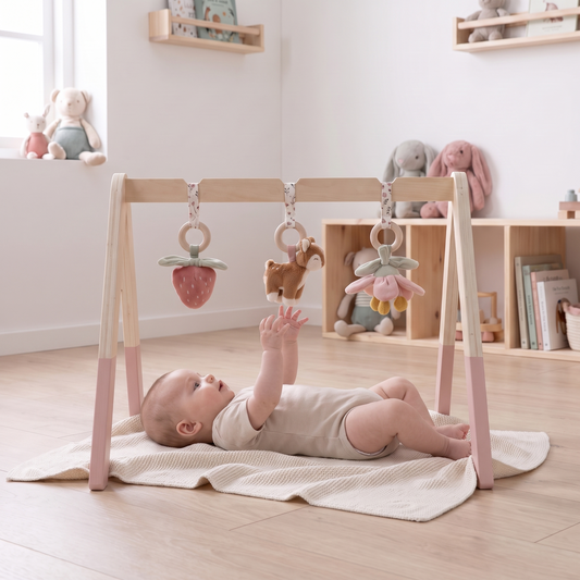 Wooden Baby Play Gym with Fabric Arch and Three Hanging Toys – Fairy Garden, 47.5 x 54 x 60 cm