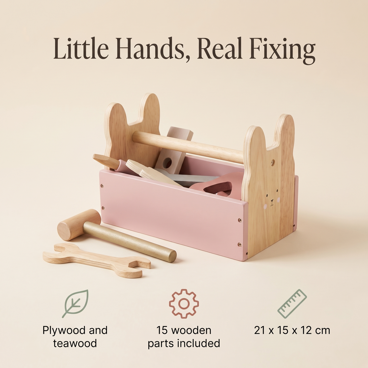 Wooden Tool Box Set with 15 Pieces – Pink, 21 cm