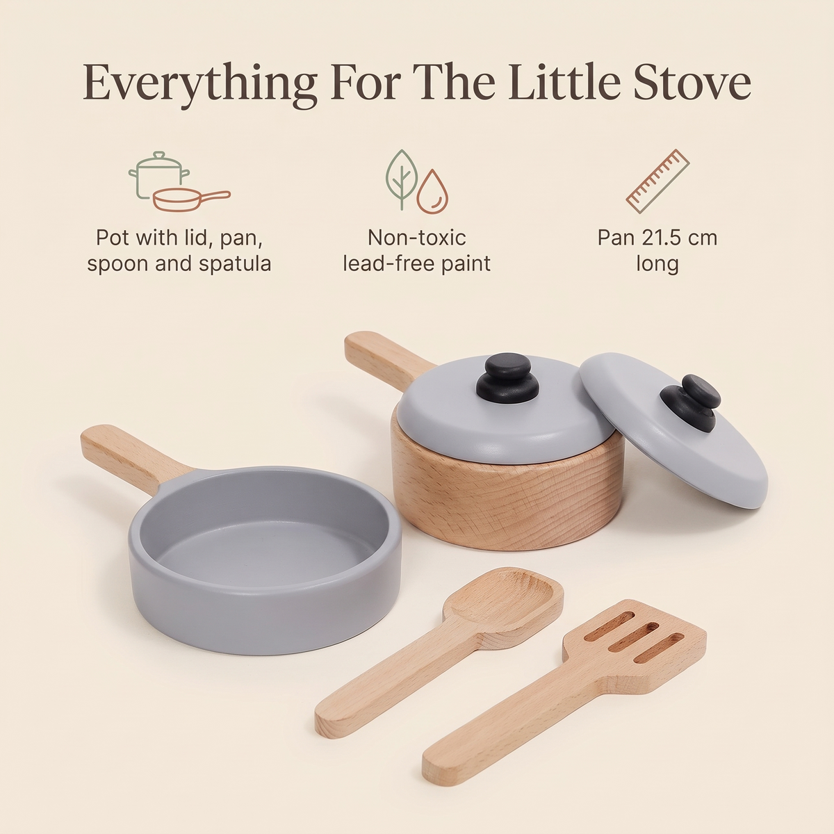 Wooden Play Pot and Pan Set with Lid, Spoon and Spatula – 4 Pieces