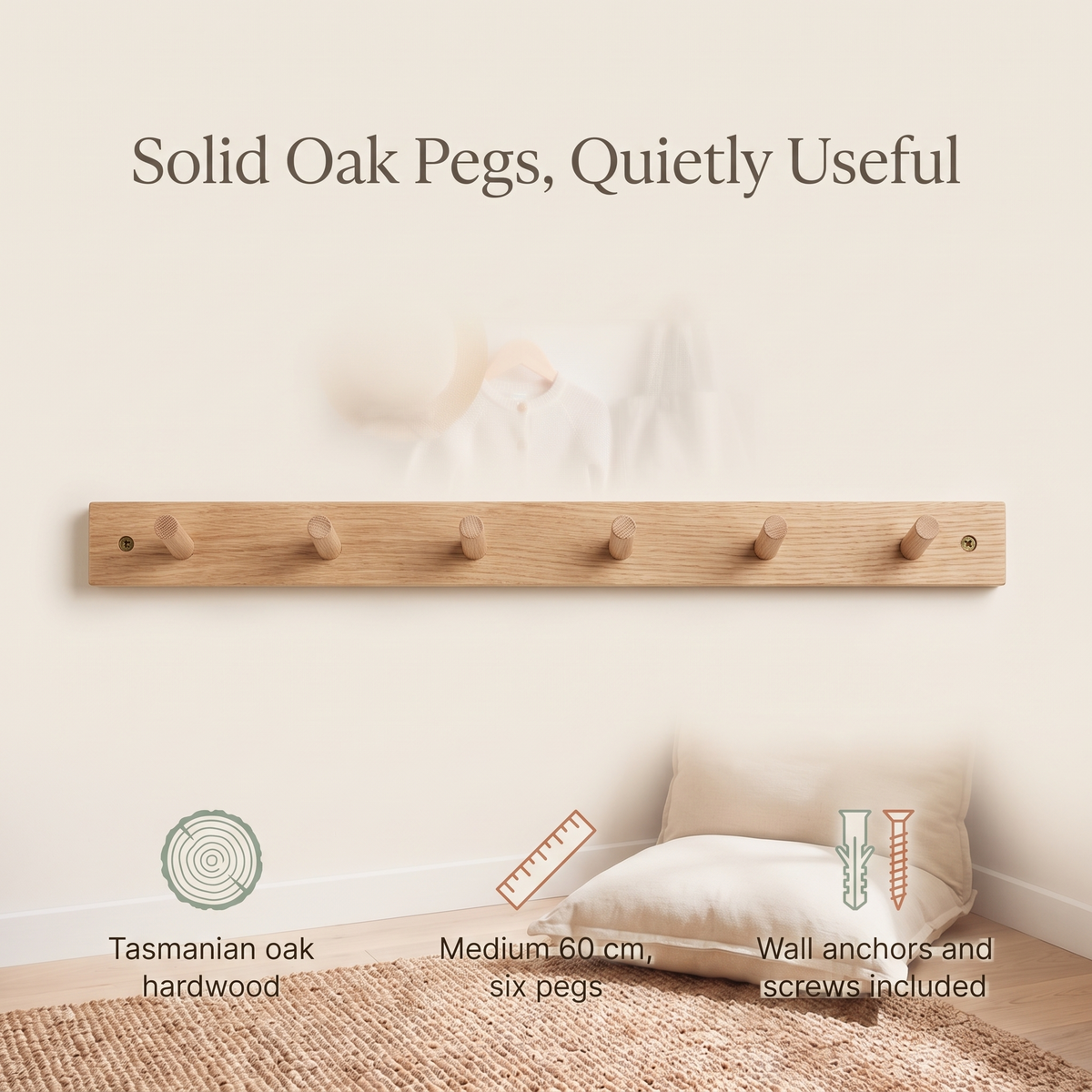 Wooden Peg Rail with 6 Pegs – Tasmanian Oak, 60 cm