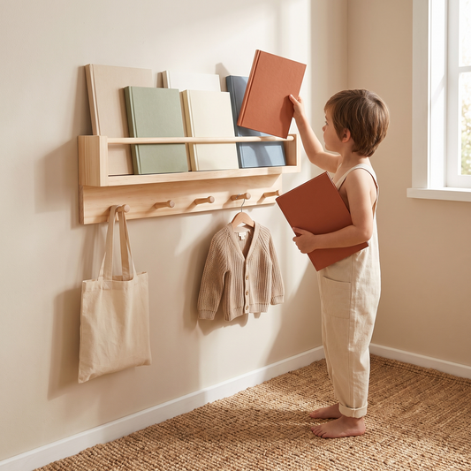 Wall-Mounted Book Rack and Coat Rack with 5 Pegs – Raw Pine, 60 cm