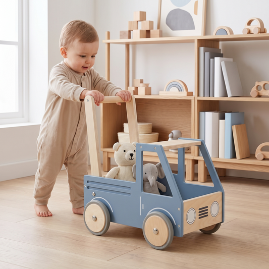 Wooden Push Truck Walker with Storage Box – Birchwood, Steel Blue