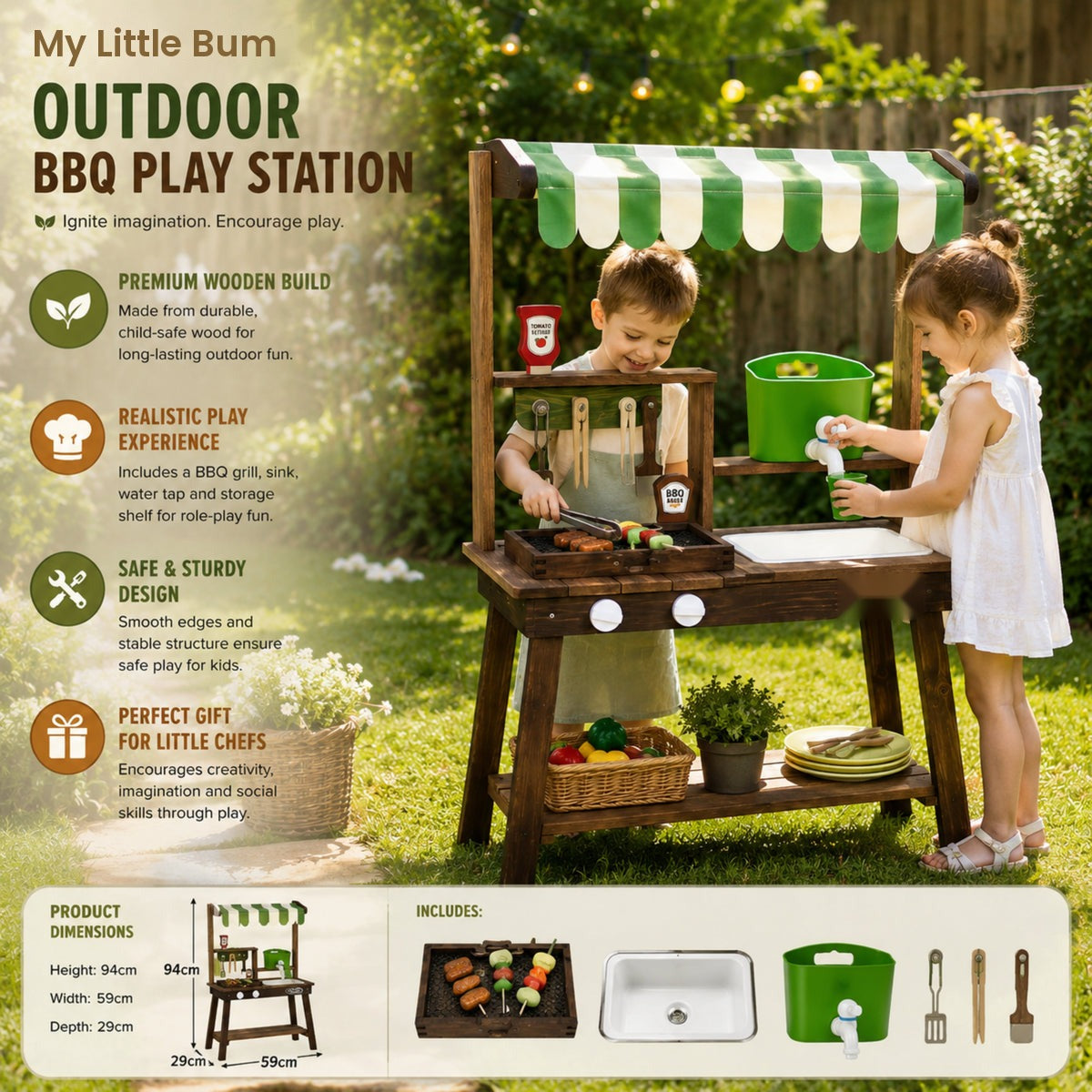 Wooden Outdoor BBQ Play Kitchen with Striped Canopy and Sink