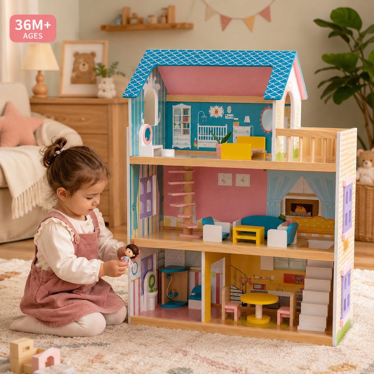 Three-Story Wooden Dollhouse with Dolls and 31-Piece Furniture Set, Pink and Gray