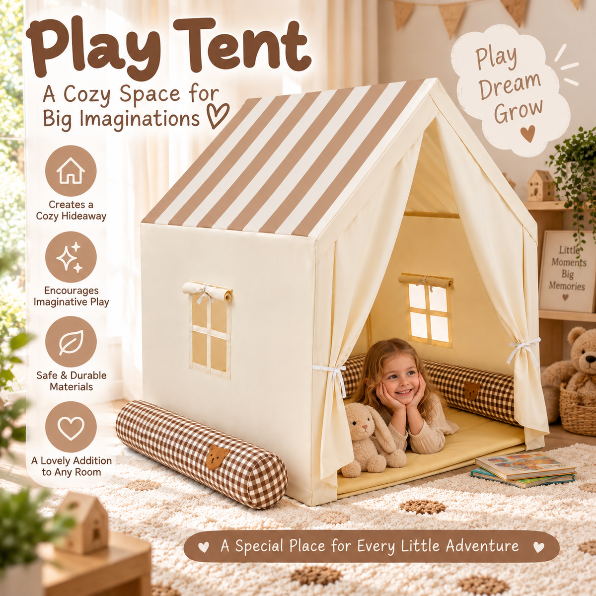 Indoor and Outdoor Kids Playhouse Tent with Roll-Up Curtains and Mesh Windows