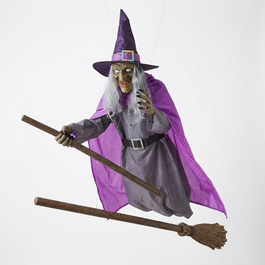 Flying Witch Halloween Yard Decoration with Floating Broomstick – 6 ft