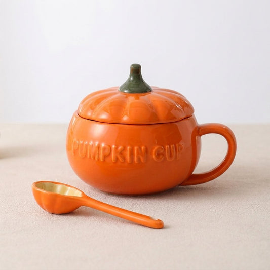 Ceramic Pumpkin Mug with Lid and Spoon, Burnt Orange