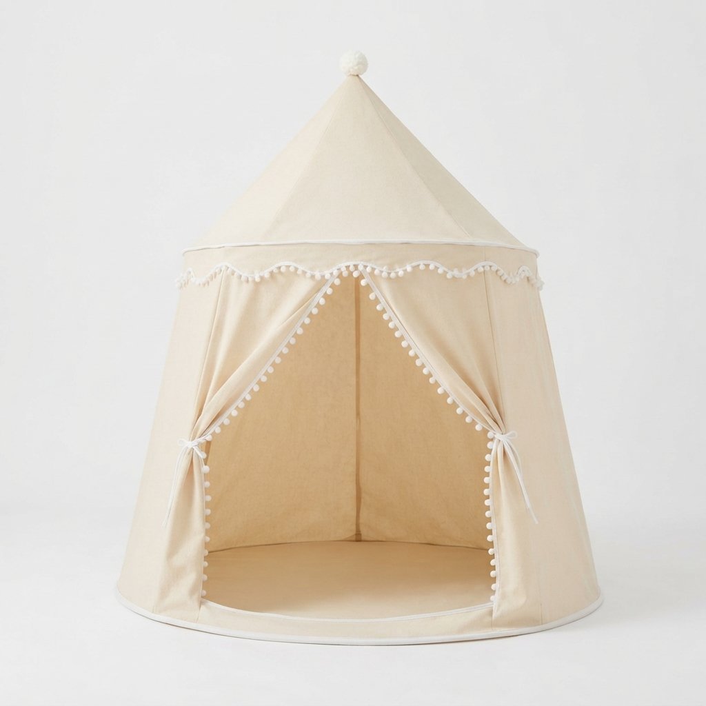 Kids Castle Play Tent with Pom-Pom Trim and Tie Curtains, Beige