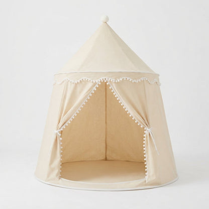 Kids Castle Play Tent with Pom-Pom Trim and Tie Curtains, Beige
