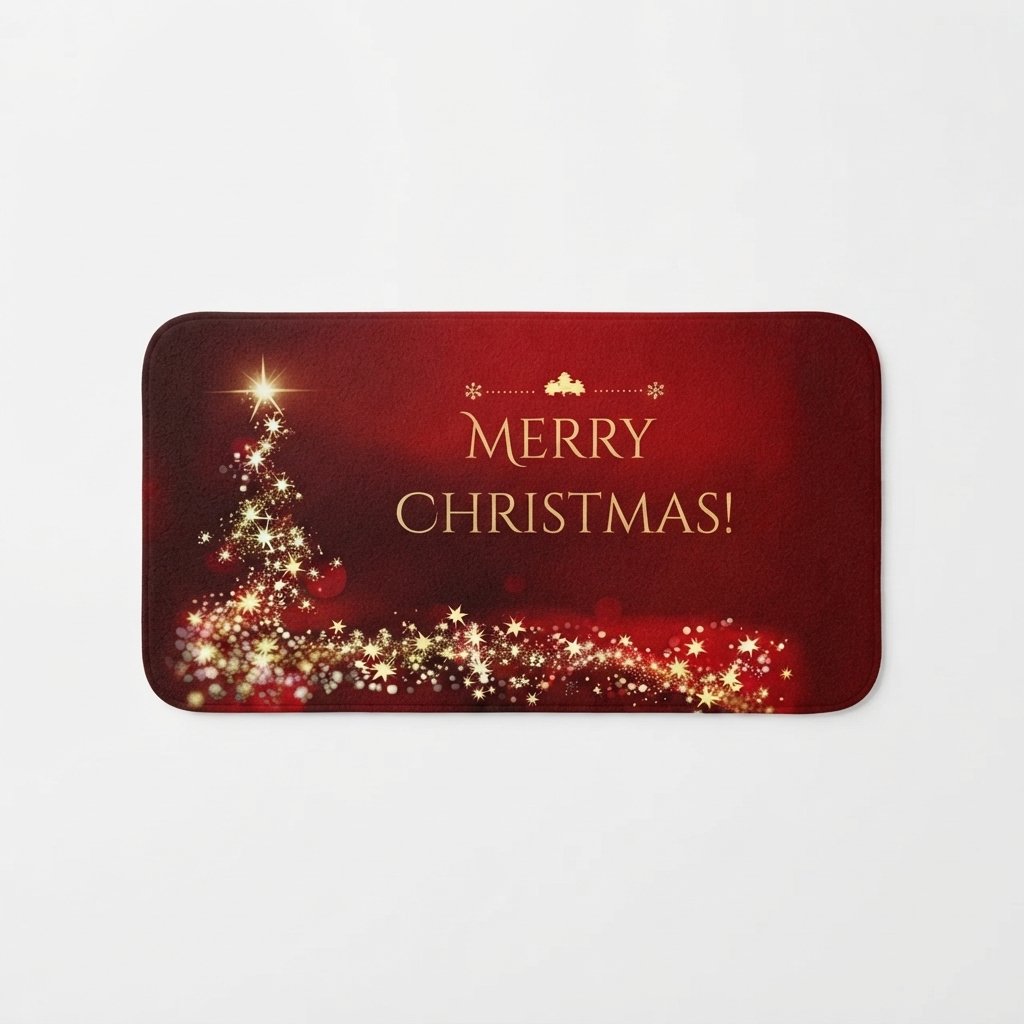Non-Slip Christmas Door Mat with Golden Star Tree, Crimson