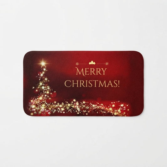 Non-Slip Christmas Door Mat with Golden Star Tree, Crimson