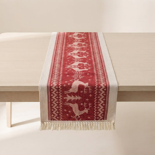 Christmas Table Runner with Tassel Fringe, Crimson and Cream
