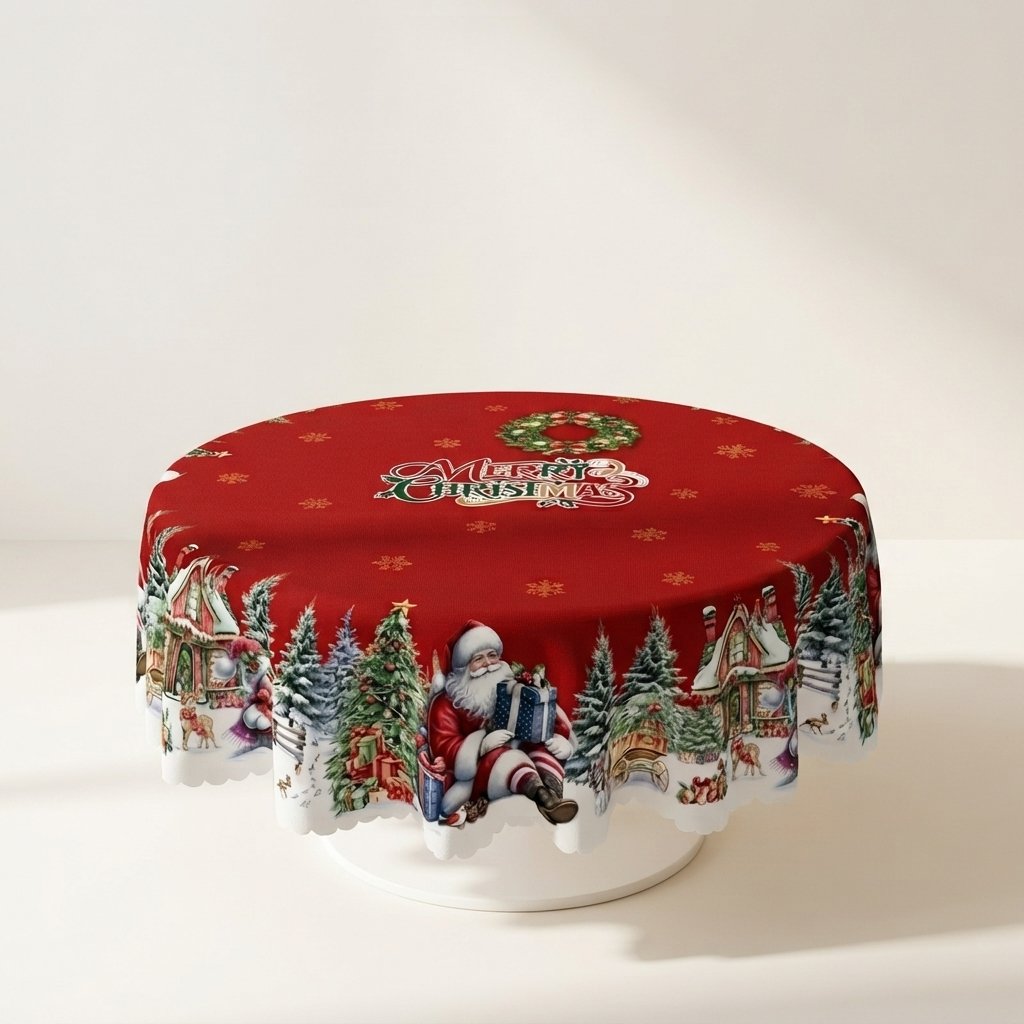 Christmas Tablecloth with Santa and Snowflake Border, Red