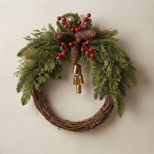 Christmas Wreath with Pinecones, Red Berries and Gold Bells, 17"