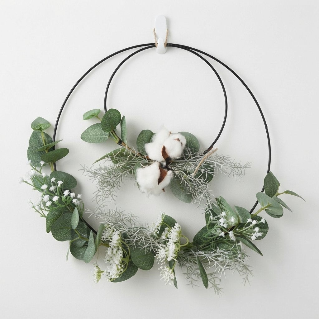 Double Hoop Wreath with Faux Eucalyptus and Cotton Stems – Black Metal, 43 cm