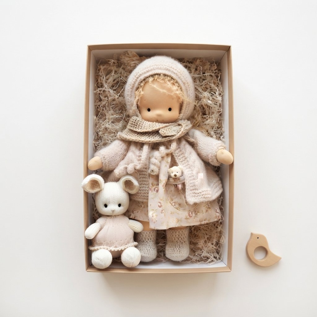 Cloth Doll Gift Set with Knitted Outfit and Stuffed Animal