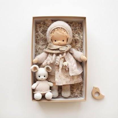 Cloth Doll Gift Set with Knitted Outfit and Stuffed Animal