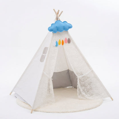 Lace Teepee Play Tent with Cloud Garland and Floor Mat, White