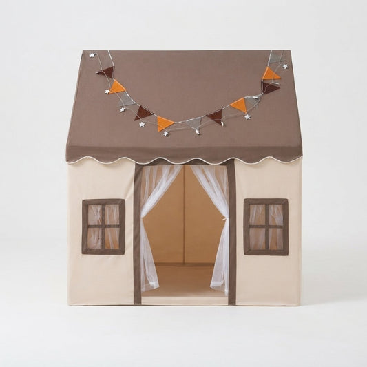 Kids Playhouse Tent with Padded Mat and Sheer Curtain Door, Beige