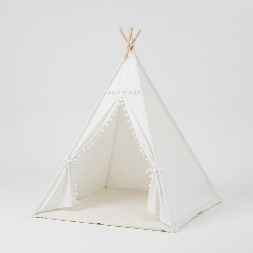 Kids Cotton Teepee Play Tent with Pom-Pom Trim, White