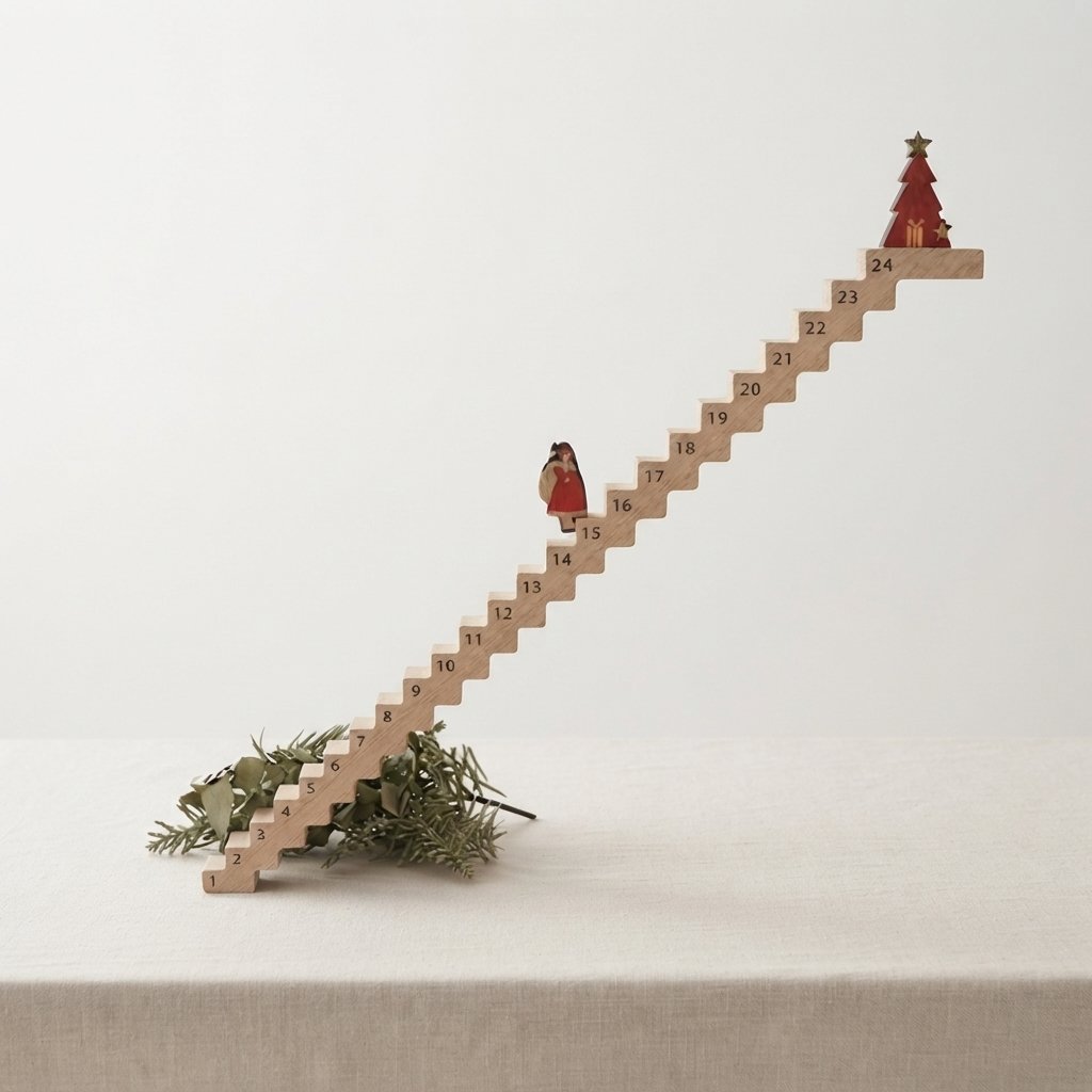 Wooden Advent Calendar Staircase with Santa Figure, Natural Brown