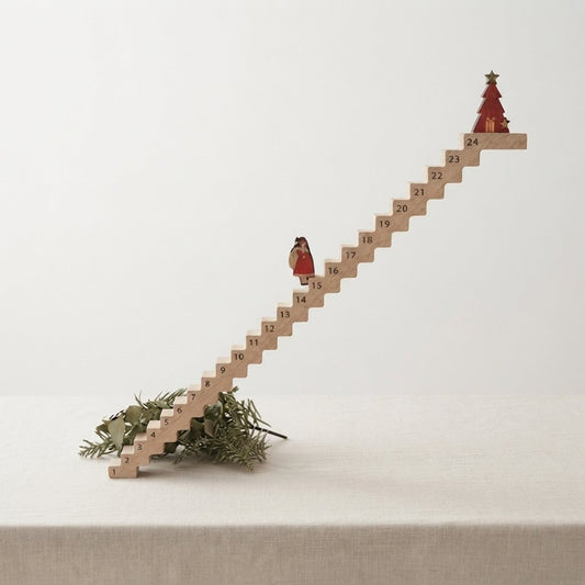 Wooden Advent Calendar Staircase with Santa Figure, Natural Brown