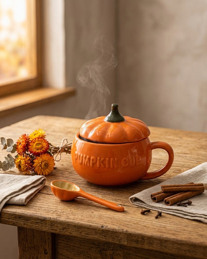 Ceramic Pumpkin Mug with Lid and Spoon, Burnt Orange