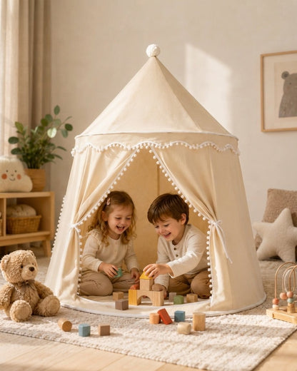 Kids Castle Play Tent with Pom-Pom Trim and Tie Curtains, Beige