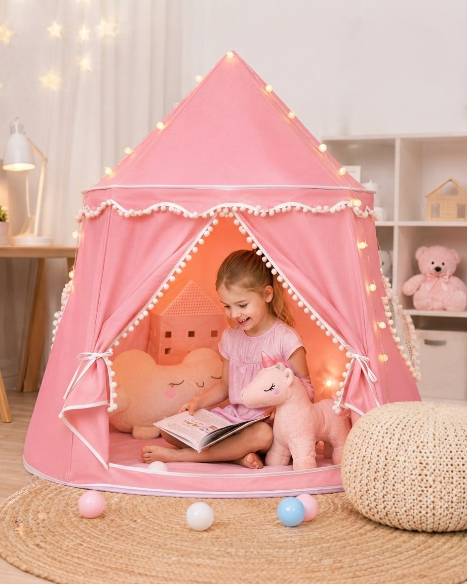 Castle Play Tent with Pom-Pom Trim and Tie-Back Curtains