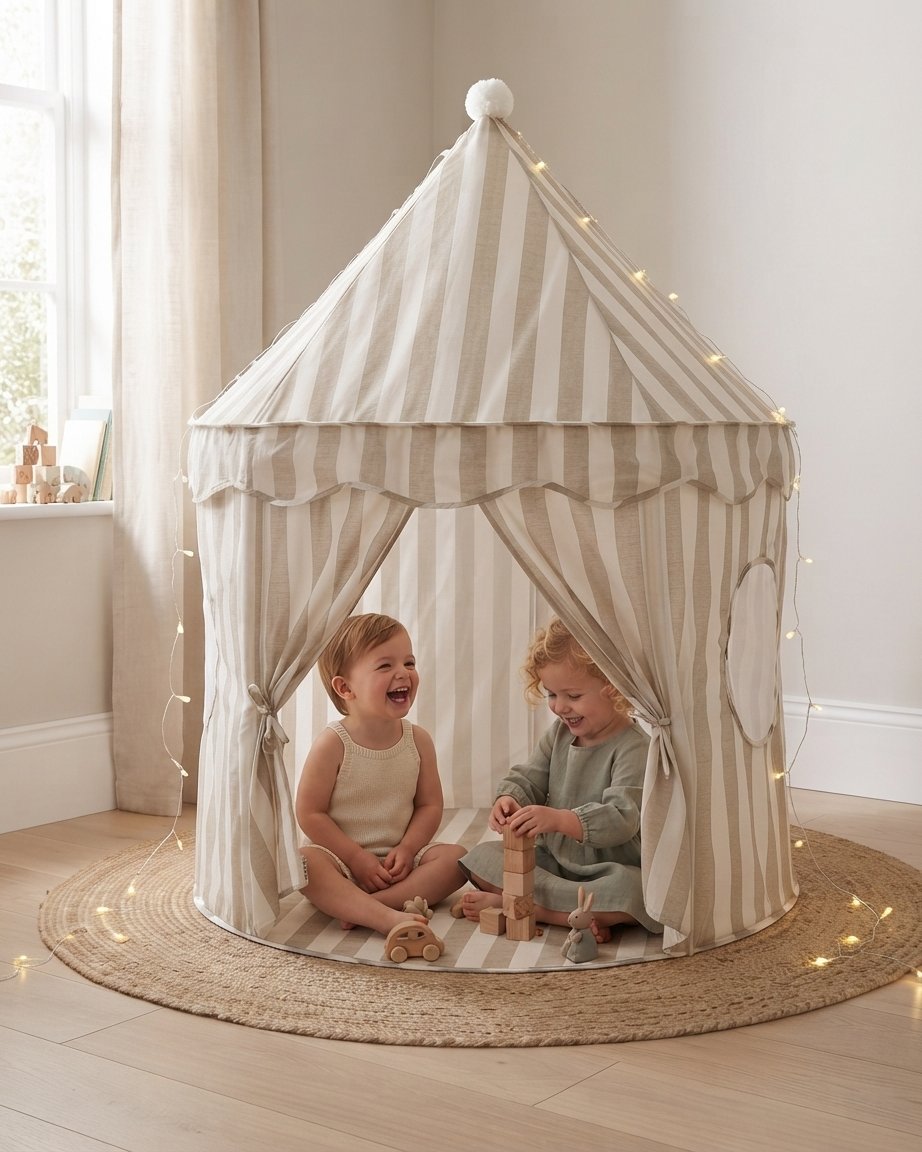 Pop-Up Play Tent with Pom-Pom Roof and Carry Bag, Sand Stripe