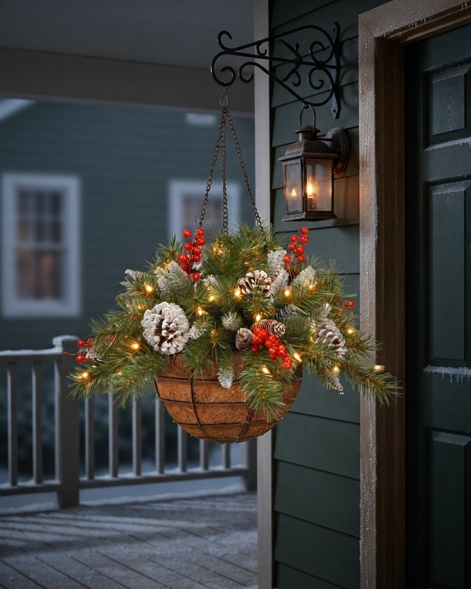 Christmas Hanging Basket with Pinecones, Red Berries and Lights