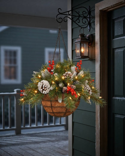 Christmas Hanging Basket with Pinecones, Red Berries and Lights