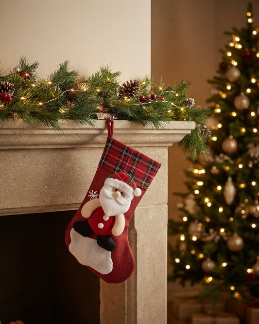 Christmas Stockings with Santa, Snowman, Reindeer and Polar Bear, Red Tartan