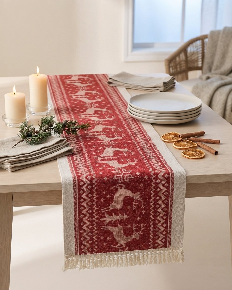 Christmas Table Runner with Tassel Fringe, Crimson and Cream