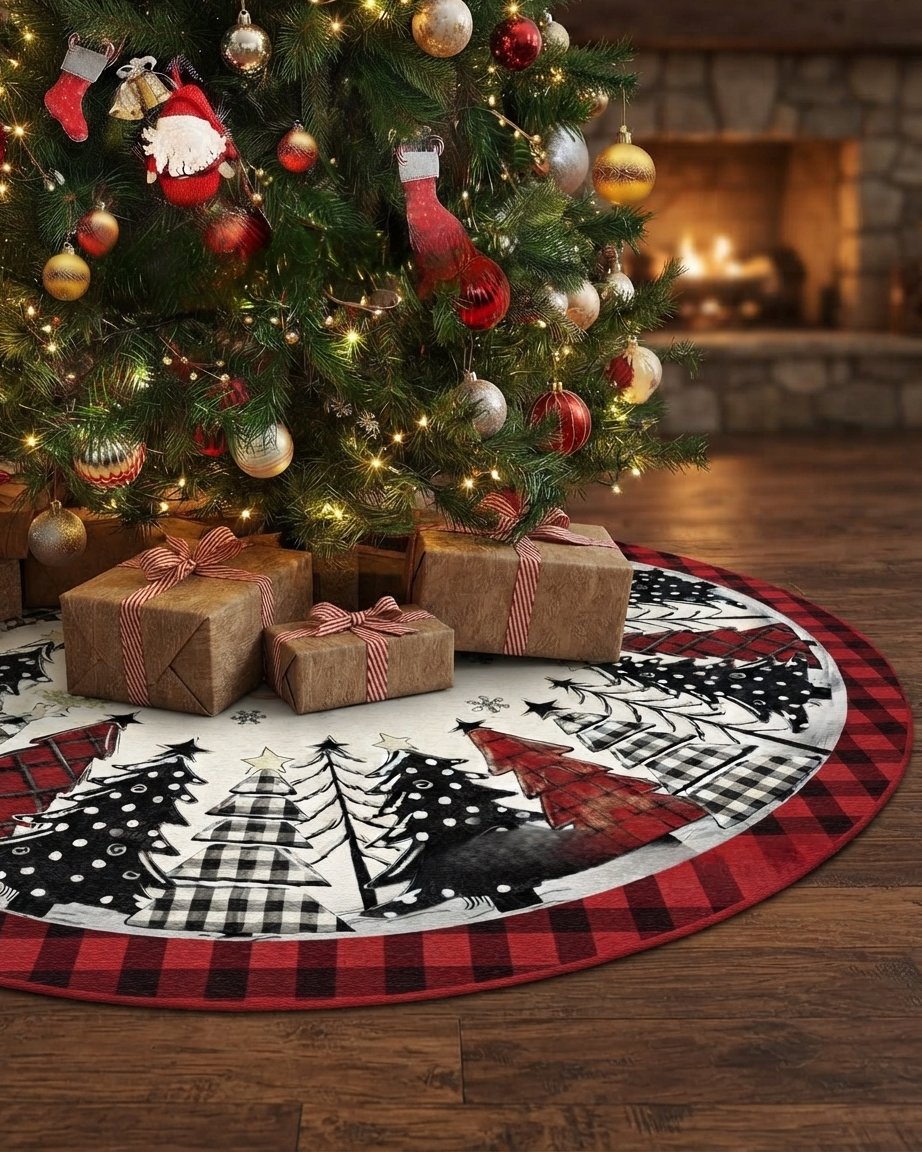 Quilted Round Christmas Tree Skirt with Buffalo Check Border