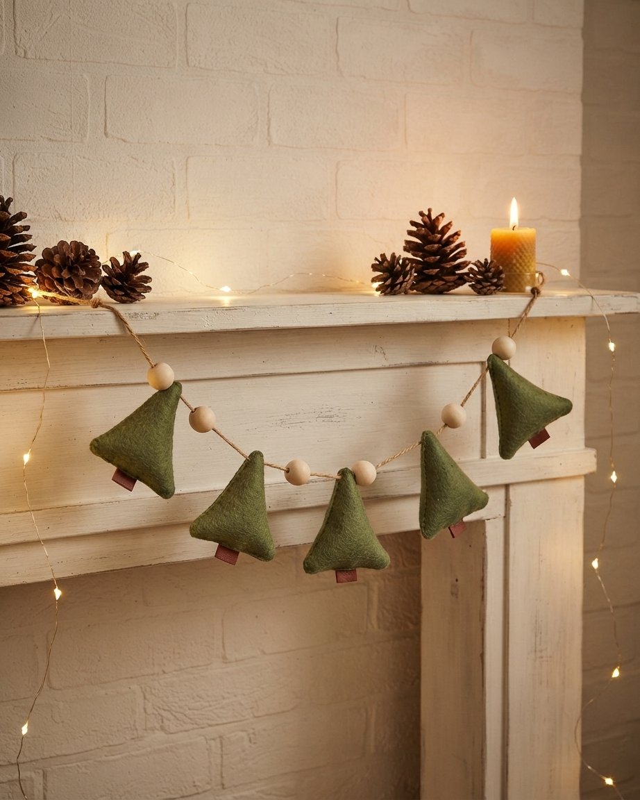 Felt Christmas Tree Garland with White Snowball Beads, 1.3 m