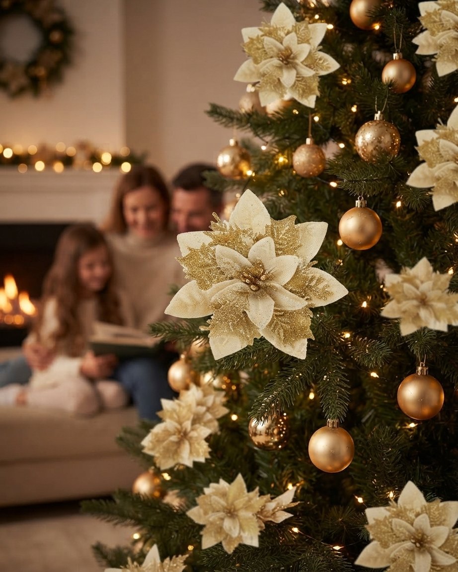 Glitter Poinsettia Christmas Tree Flowers