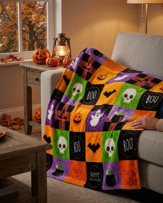 Halloween Fleece Throw Blanket with Bat, Ghost and Pumpkin Print