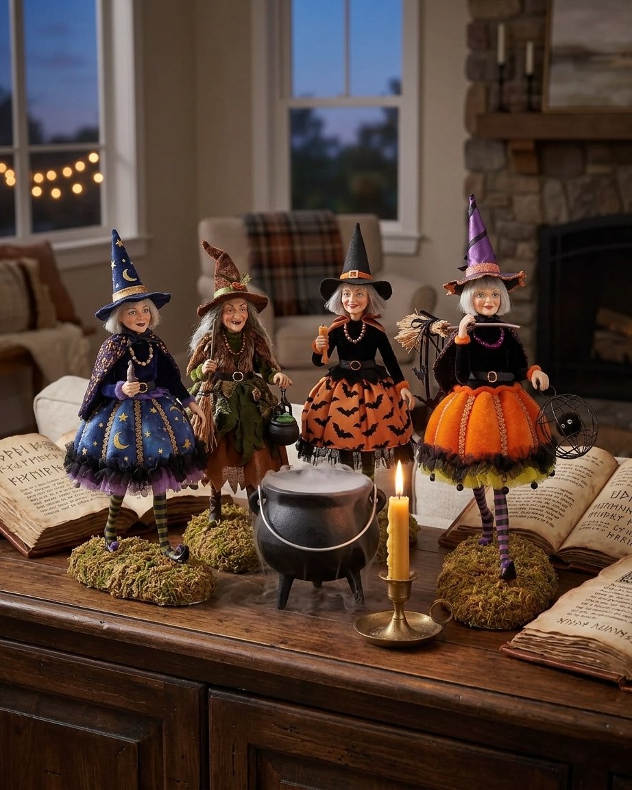 Halloween Witch Figurine on Moss Base, 25 cm