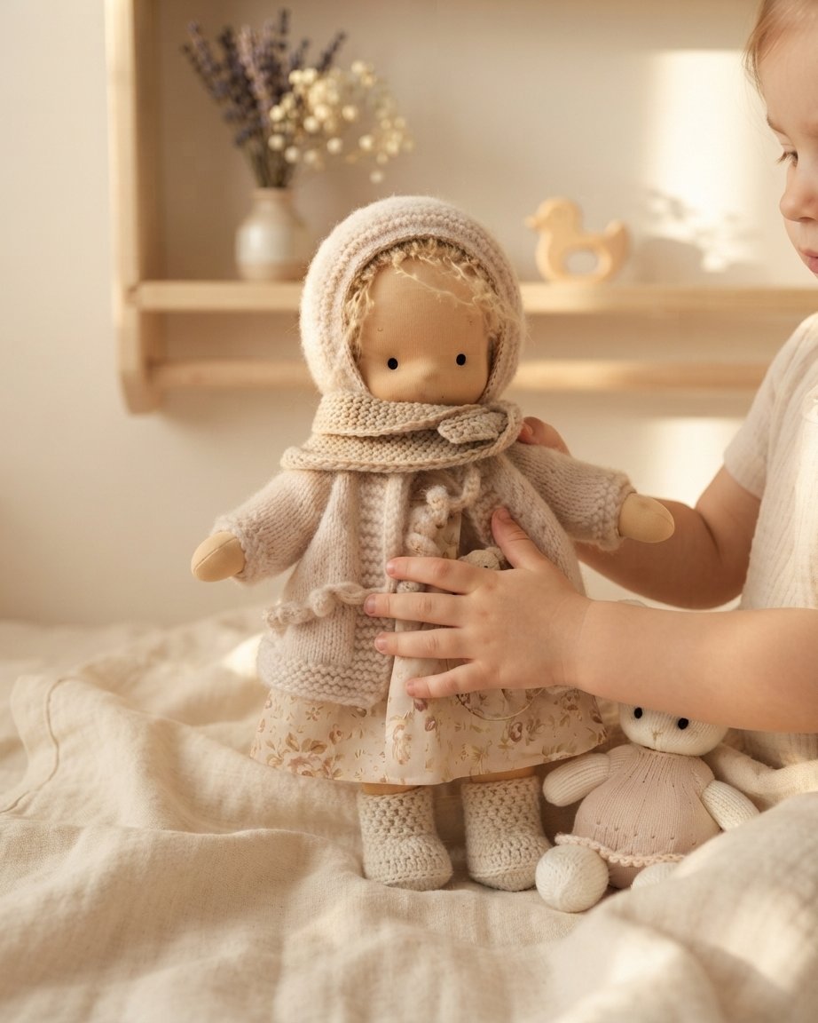 Cloth Doll Gift Set with Knitted Outfit and Stuffed Animal
