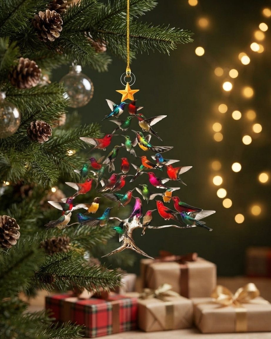 Hummingbird Christmas Tree Acrylic Ornament with Star Topper