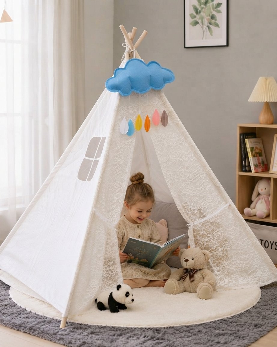 Lace Teepee Play Tent with Cloud Garland and Floor Mat, White