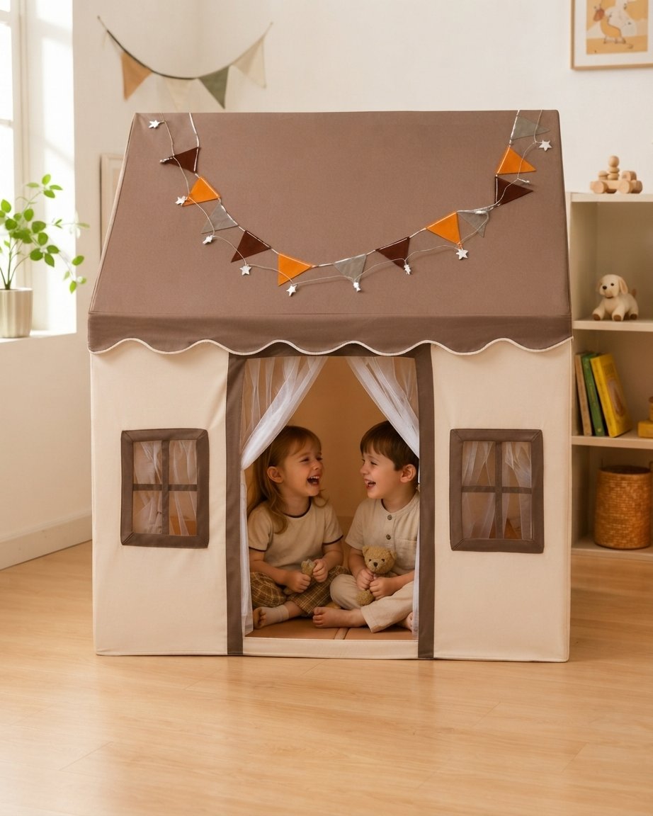 Kids Playhouse Tent with Padded Mat and Sheer Curtain Door, Beige