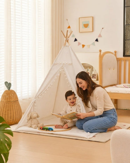 Kids Cotton Teepee Play Tent with Pom-Pom Trim, White