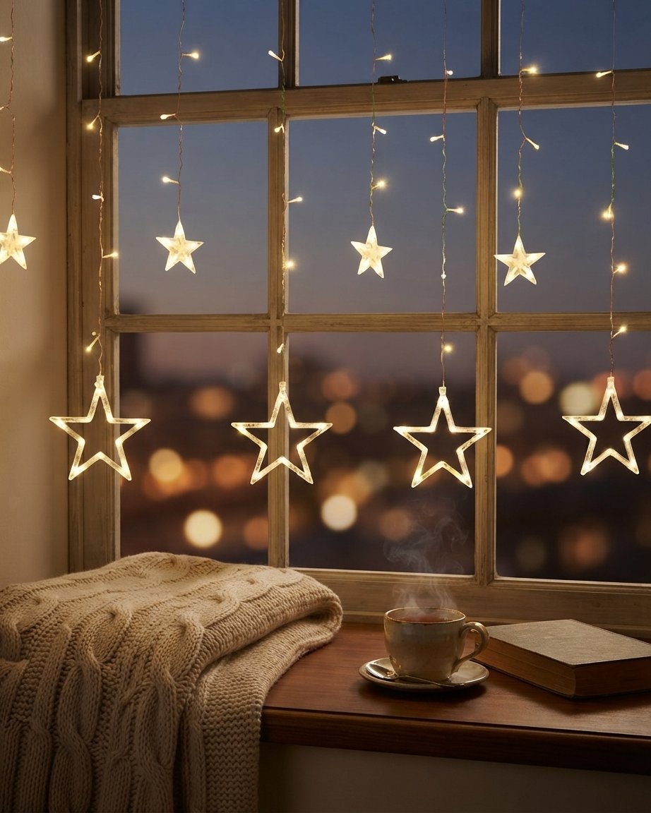 LED Star Curtain Lights with Timer, Warm White