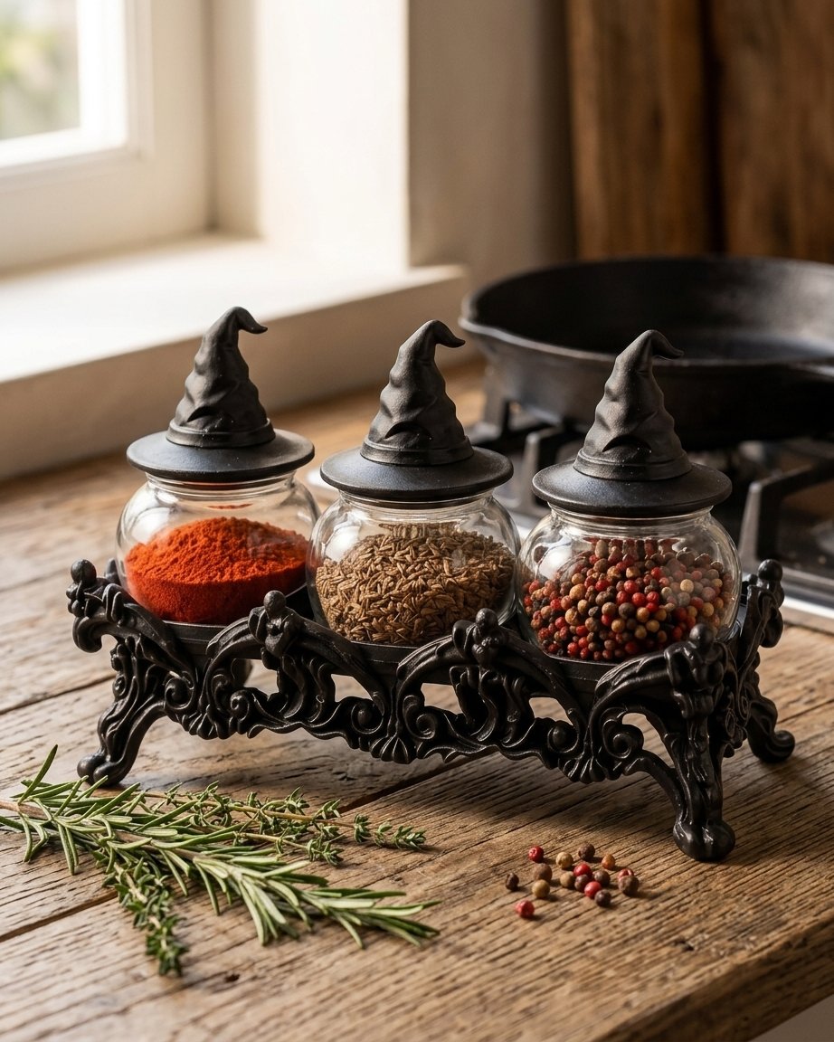 Three-Jar Glass Spice Set with Witch-Hat Lids and Countertop Rack, Black
