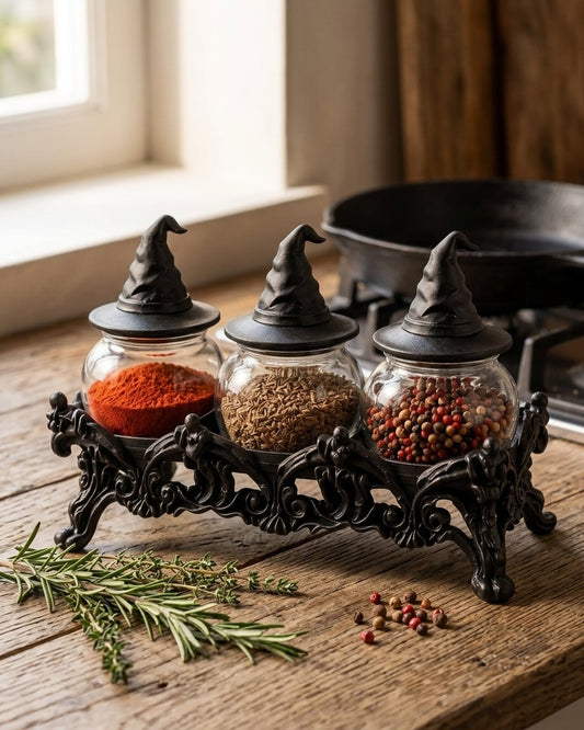 Three-Jar Glass Spice Set with Witch-Hat Lids and Countertop Rack, Black