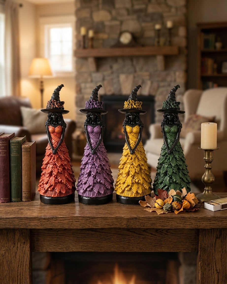 Resin Witch Figurine with Leaf Gown and Pointed Hat, 6.7 in